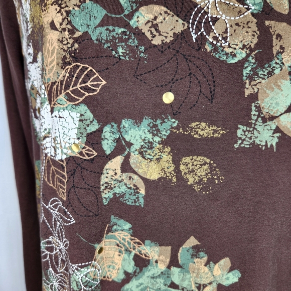 Gloria Vanderbilt Gizella Brown Floral Print & Flat Studs Long Sleeve Top Sz PXL - Picture 3 of 11